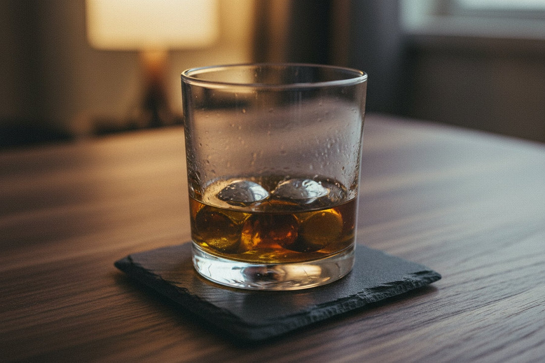 Glas med whisky og polerede stålterninger på en skiferbrik